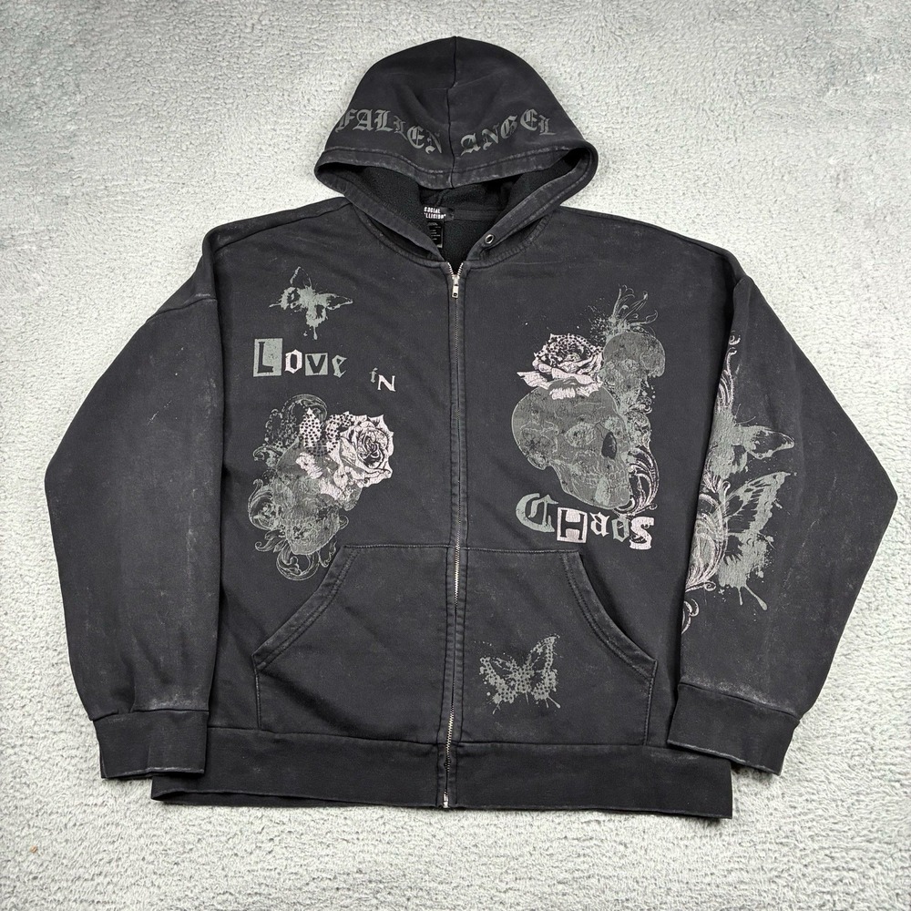 Social Collision Y2K Skull Zip Hoodie Men's XL Black Mall Goth Grunge Full Zip